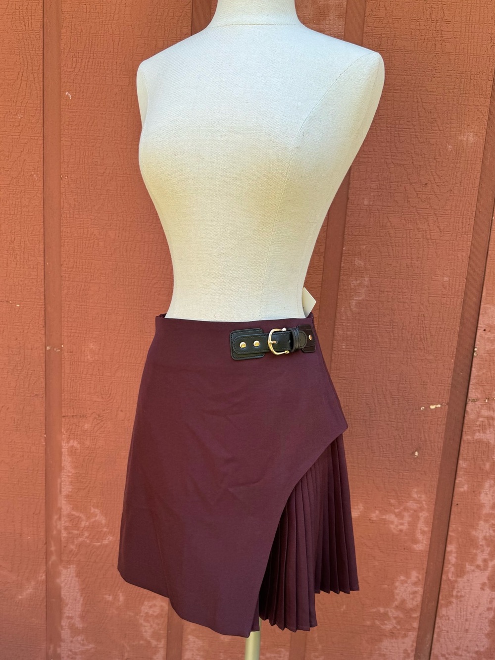 Commense Brown Side Pleated Buckle Asymmetric Mini Skirt NWT - Size S